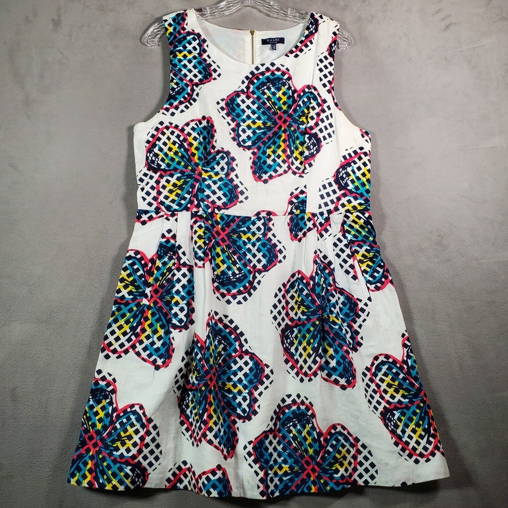 Kaari Blue Dress Women 16 Abstract Floral Linen Sleeveless Retro Pop Art Maximal